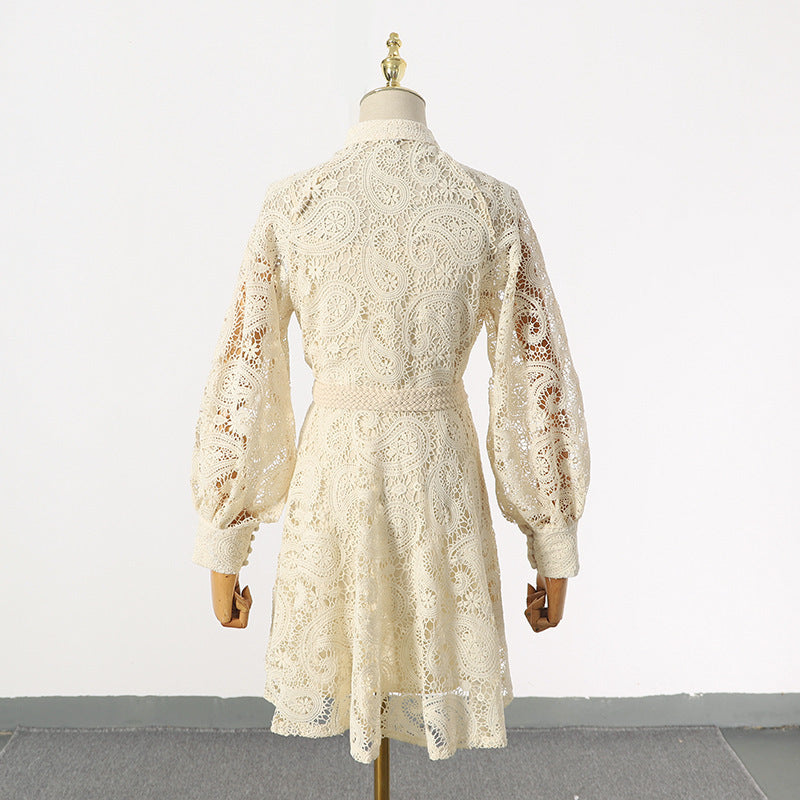Beige Lace Embroidered Hollow Out Dress