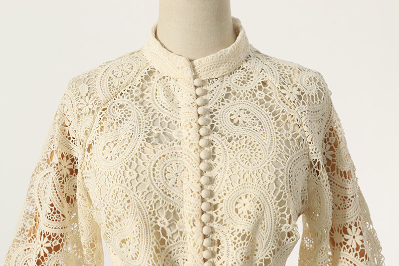Beige Lace Embroidered Hollow Out Dress