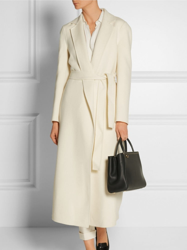 Lapel Temperament Lace Up Slim And Long Coat Women's Solid Color Cashmere Coat