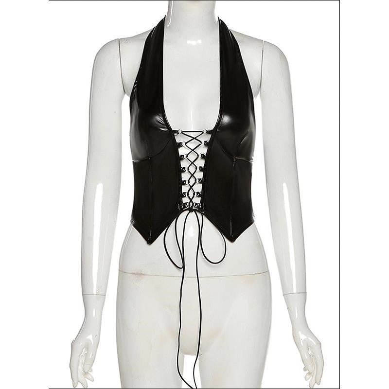 European And American Lace-up Deep V-neck Short Slim Camisole