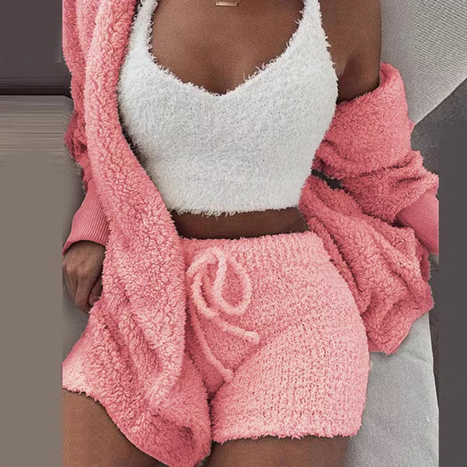 Winter Women Home Wear Suit Casual Pajamas Set Lady Female Soft Warm Long Sleeve Exposed Navel Vest Shorts Set