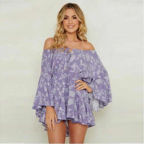 Summer New Print Short Playsuits Women's Casual Comfortable Butterfly Sleeve Slash Neck Jumpsuit Beach Party Romper Fashion