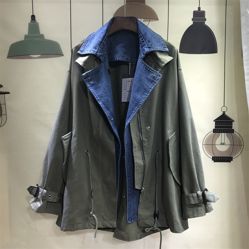 Stitching Denim Collar Casual All-Match Windbreaker