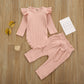 Two-piece Suit Of Solid Color Pit Strip Flying Sleeve Romper Crawling Suit Bow Trousers