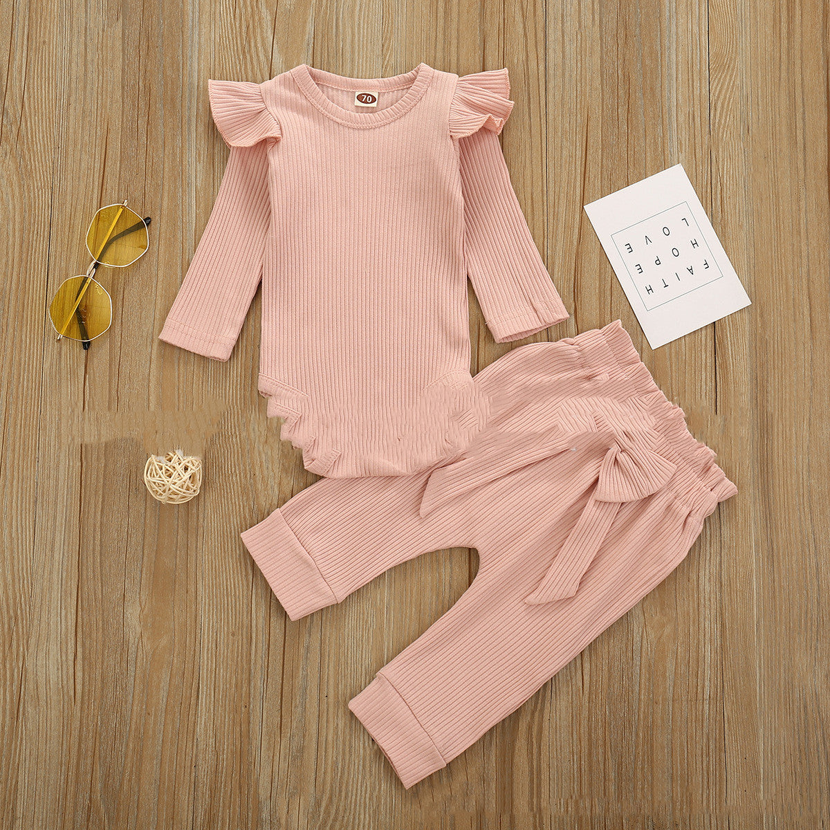 Two-piece Suit Of Solid Color Pit Strip Flying Sleeve Romper Crawling Suit Bow Trousers