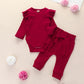 Two-piece Suit Of Solid Color Pit Strip Flying Sleeve Romper Crawling Suit Bow Trousers