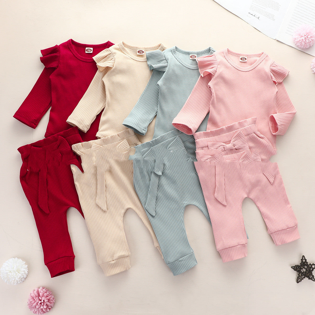 Two-piece Suit Of Solid Color Pit Strip Flying Sleeve Romper Crawling Suit Bow Trousers