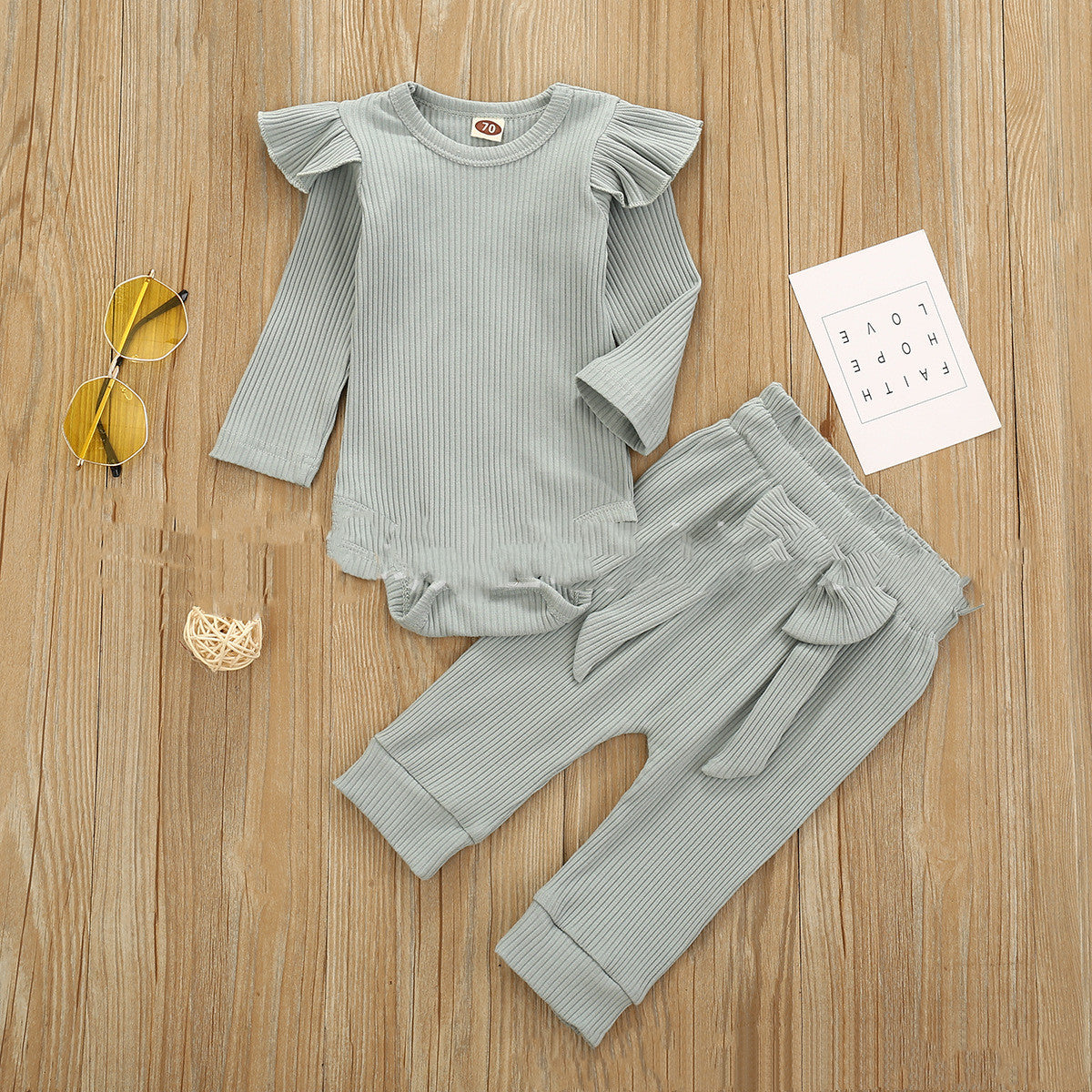 Two-piece Suit Of Solid Color Pit Strip Flying Sleeve Romper Crawling Suit Bow Trousers