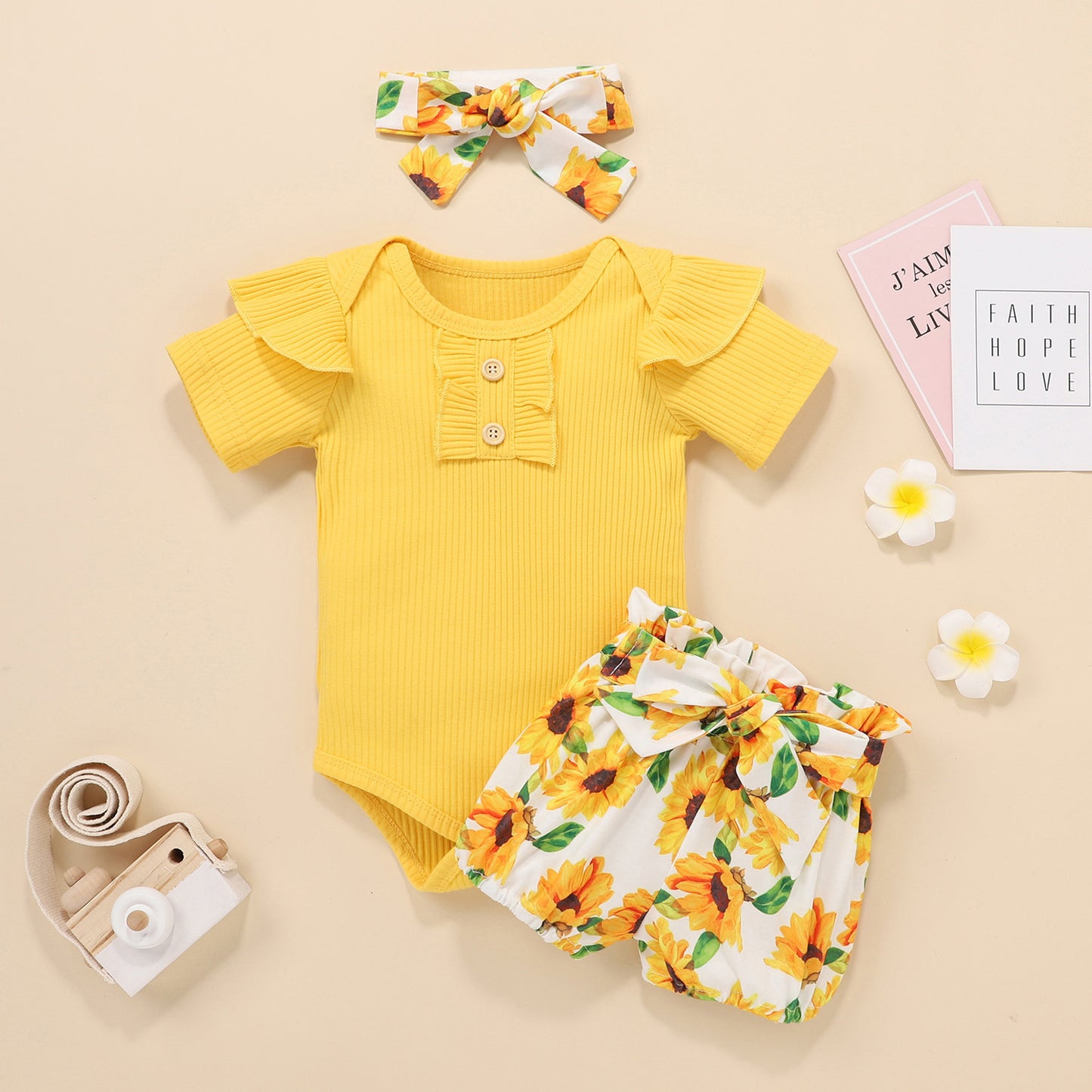 Girls Summer Cotton Flying Sleeve Short Sleeve Romper Floral Shorts Set Amazon Style Wholesale