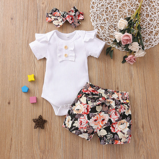 Girls Summer Cotton Flying Sleeve Short Sleeve Romper Floral Shorts Set Amazon Style Wholesale
