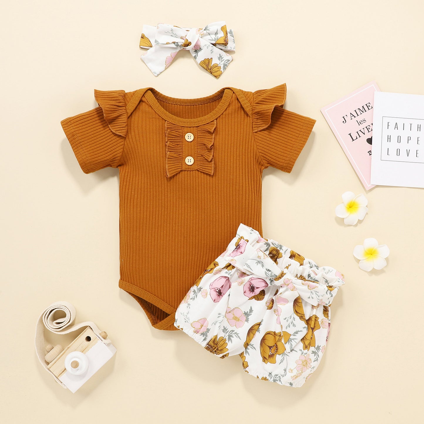 Girls Summer Cotton Flying Sleeve Short Sleeve Romper Floral Shorts Set Amazon Style Wholesale