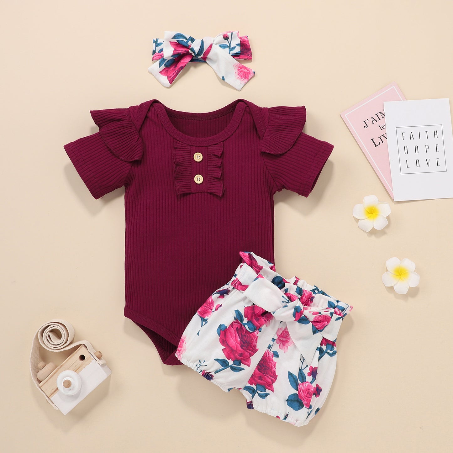 Girls Summer Cotton Flying Sleeve Short Sleeve Romper Floral Shorts Set Amazon Style Wholesale