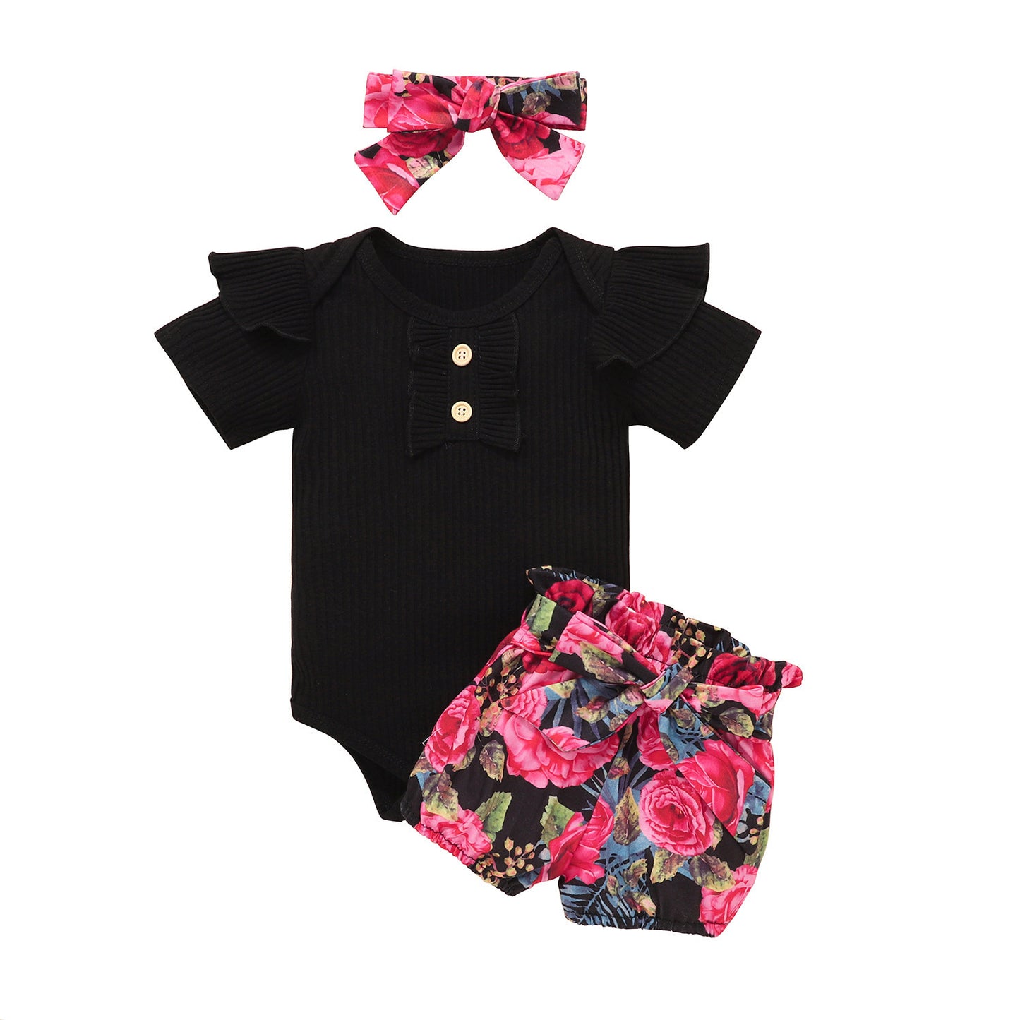 Girls Summer Cotton Flying Sleeve Short Sleeve Romper Floral Shorts Set Amazon Style Wholesale