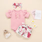 Girls Summer Cotton Flying Sleeve Short Sleeve Romper Floral Shorts Set Amazon Style Wholesale