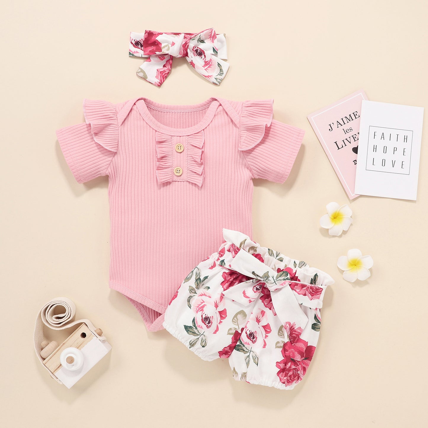 Girls Summer Cotton Flying Sleeve Short Sleeve Romper Floral Shorts Set Amazon Style Wholesale