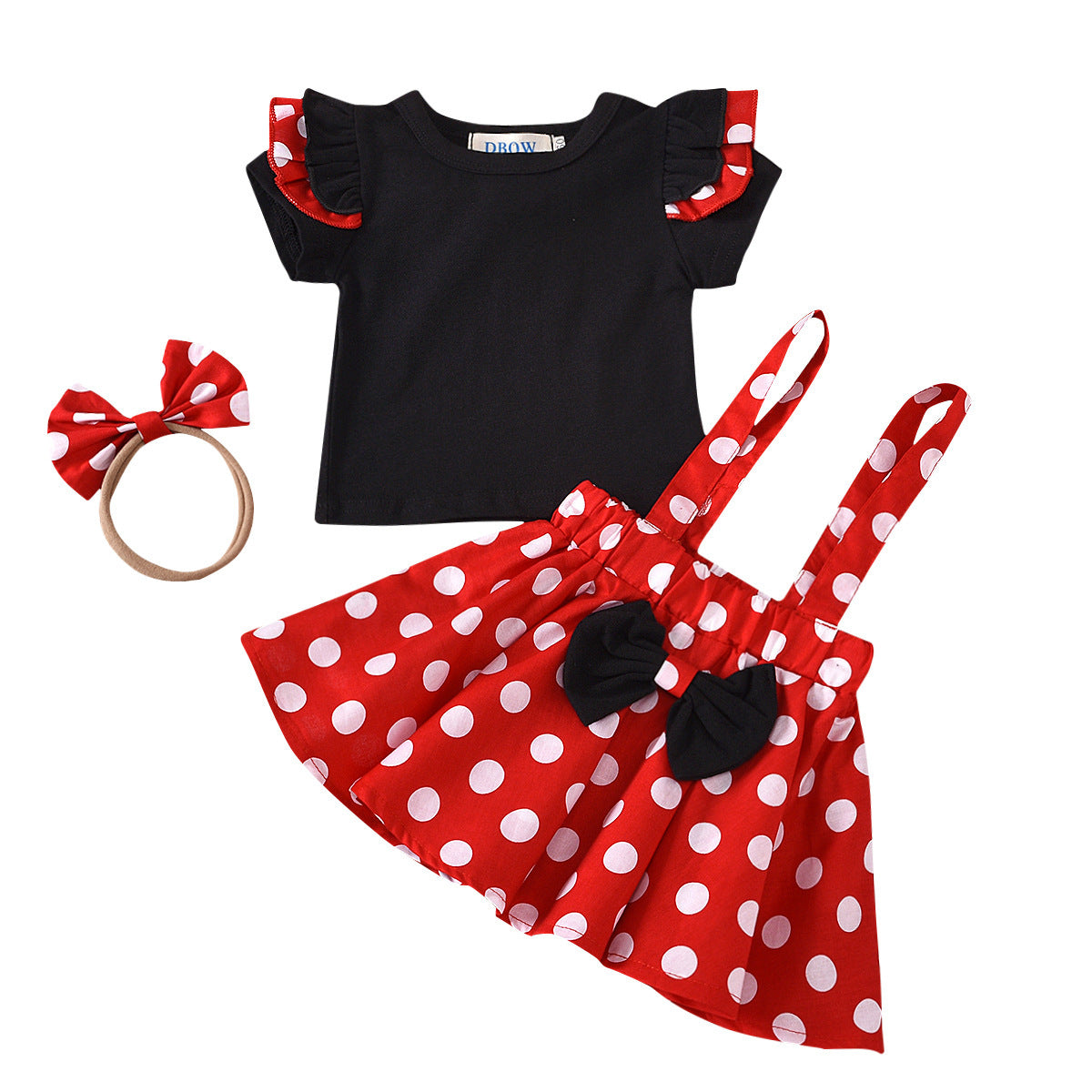Ensemble haut à manches longues et jupe à pois avec bandeau pour enfants