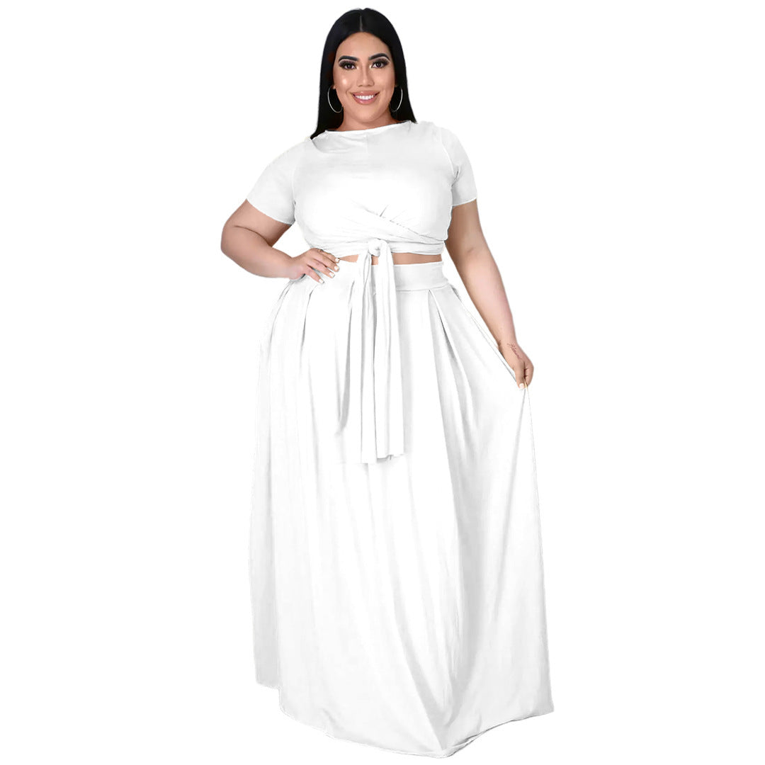 Two-piece Suit Of Solid Color Cross-tie Big Skirt