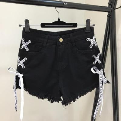 Vintage Snowflake Inelastic Women Denim Shorts With high Waist Straps Tassel Female Summer Shorts For Women's jeans