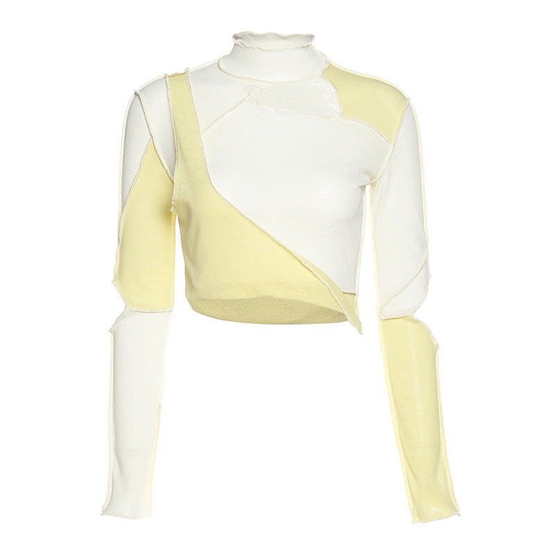 Ladies Slim Half High Neck Fashion Stitching Irregular Navel Bare T-shirt