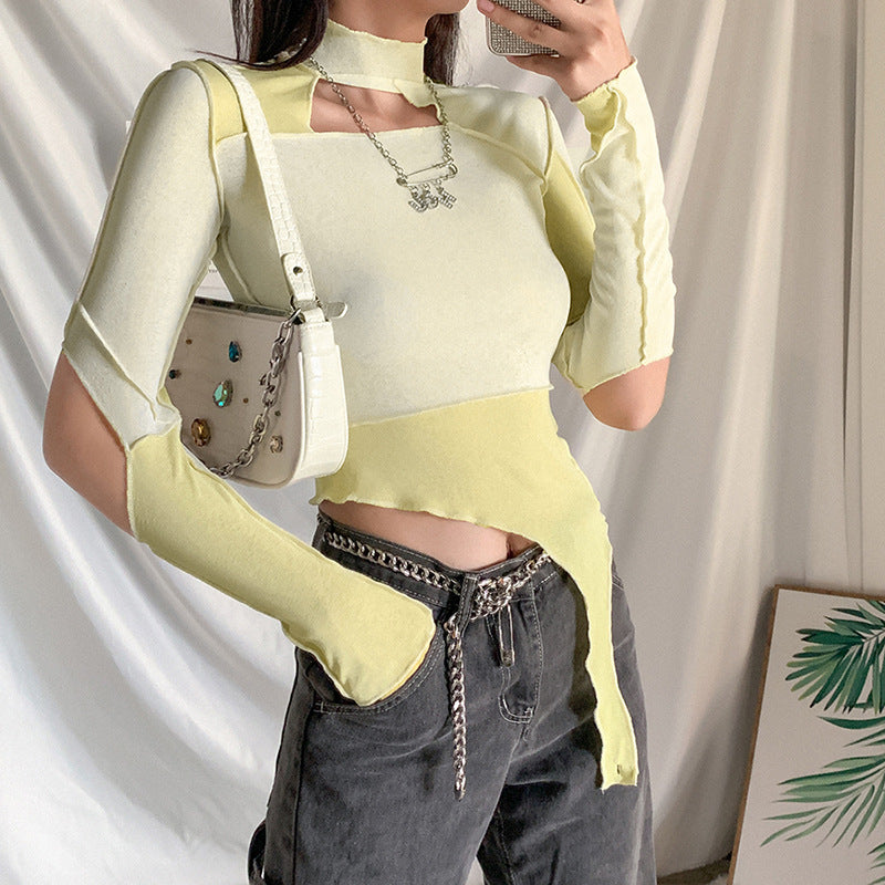 Ladies Slim Half High Neck Fashion Stitching Irregular Navel Bare T-shirt