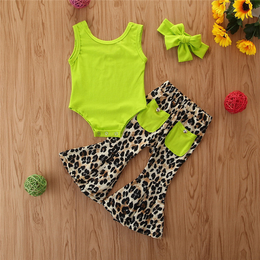 Foreign Trade Children'S Clothing Summer Girls Foreign Style Suit Bright Color Vest Romper And Leopard Flared Pants