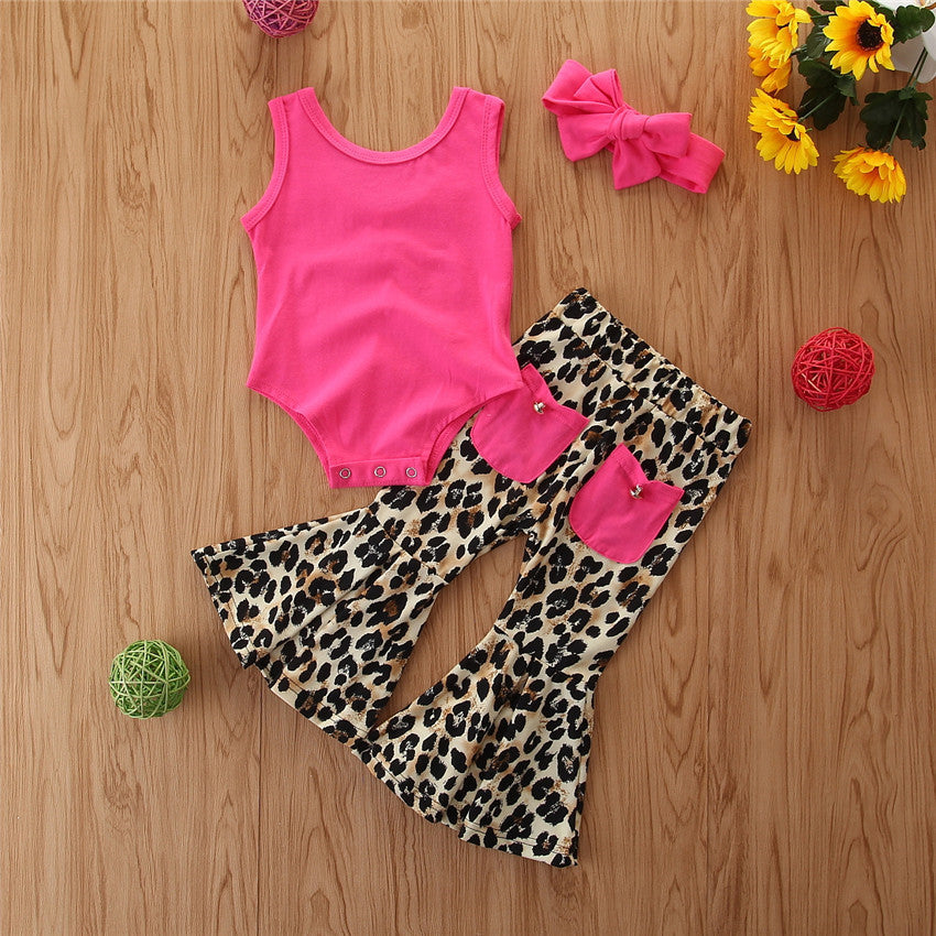 Foreign Trade Children'S Clothing Summer Girls Foreign Style Suit Bright Color Vest Romper And Leopard Flared Pants