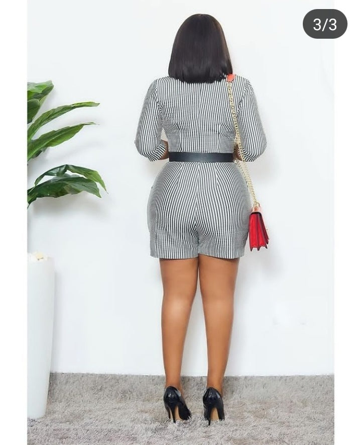 High-Waist Slim-Fit Striped Rivet Dungarees