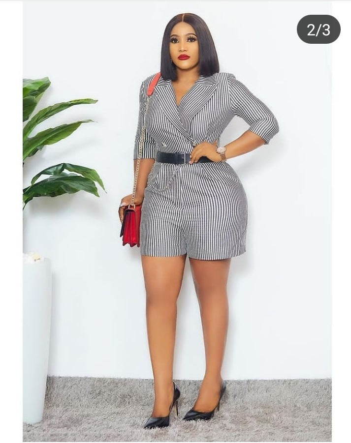 High-Waist Slim-Fit Striped Rivet Dungarees
