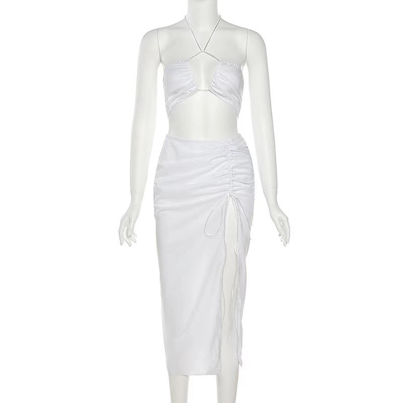 Hanging Neck Bare Short Vest Fashion Slim Fit Split Long Skirt Set