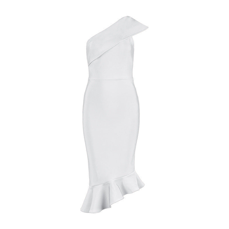 Women's Off-The-Shoulder Fishtail Bandage Dress With Diagonal Shoulder