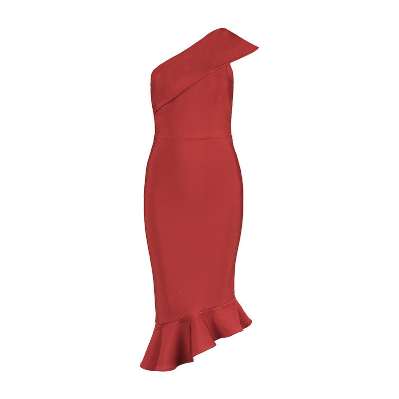 Women's Off-The-Shoulder Fishtail Bandage Dress With Diagonal Shoulder