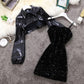Spring New Stand Collar Bubble Sleeve Short Handsome Small Leather Dress  Sequin Suspender Dress Suit Women