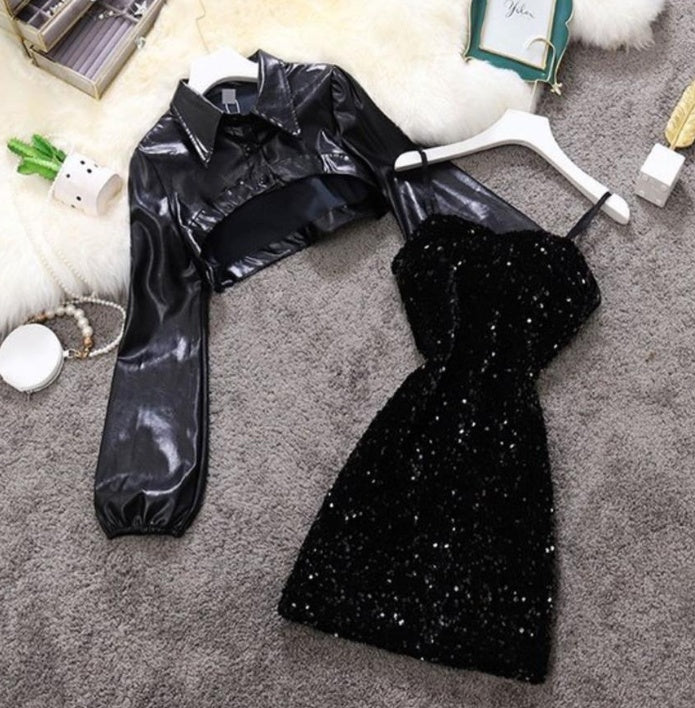 Spring New Stand Collar Bubble Sleeve Short Handsome Small Leather Dress  Sequin Suspender Dress Suit Women