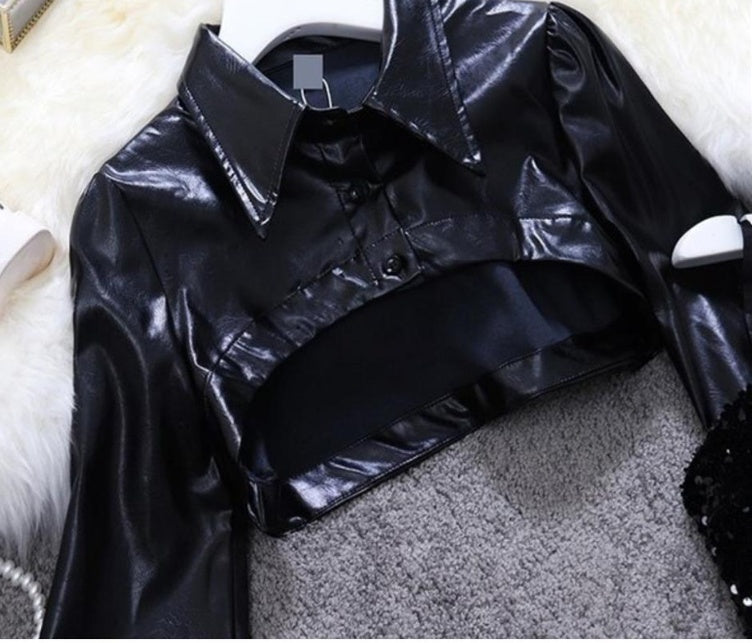 Spring New Stand Collar Bubble Sleeve Short Handsome Small Leather Dress  Sequin Suspender Dress Suit Women