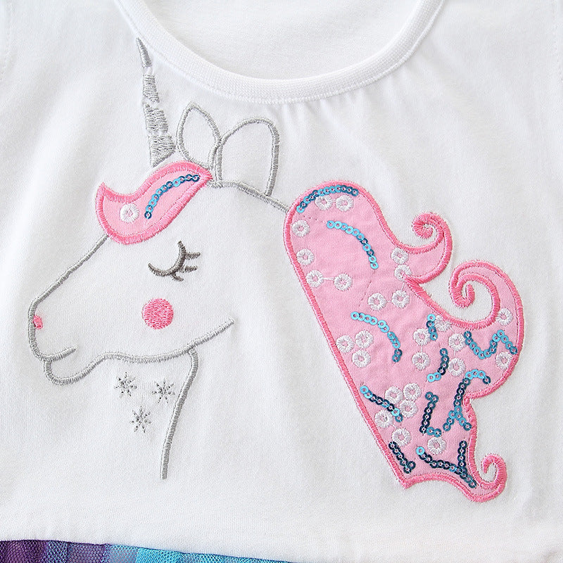Robe à manches courtes pour fille, broderie en maille colorée, robe de princesse blanche