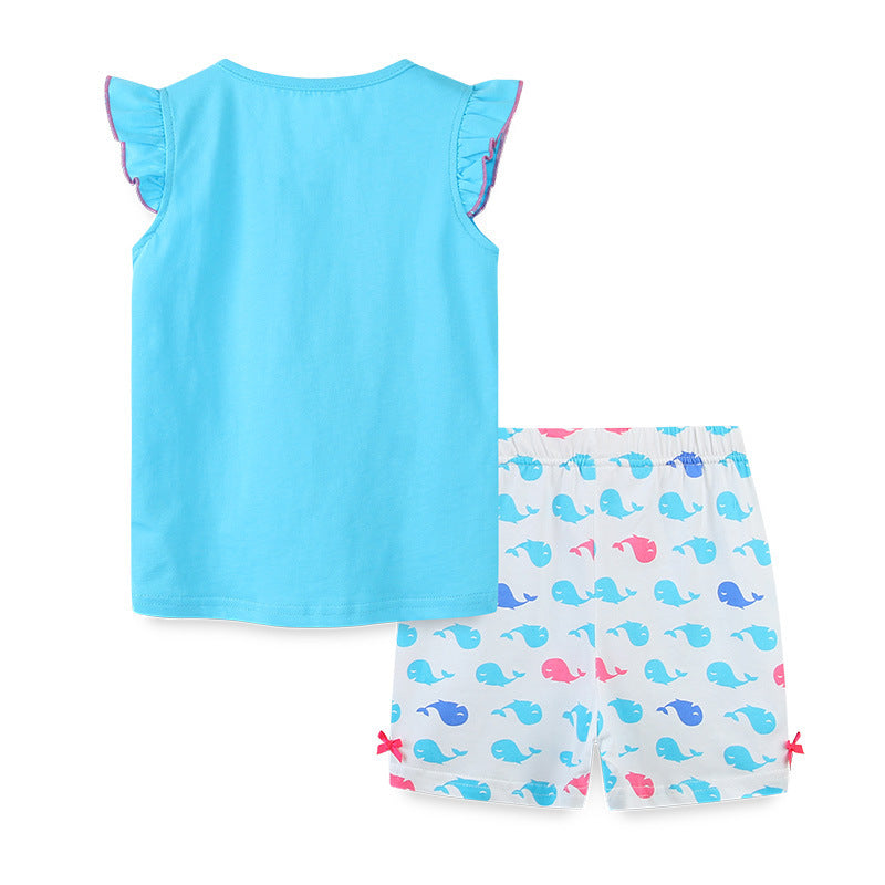 Ensemble t-shirt à manches courtes pour fille, motif dessin animé, col rond, en coton tricoté
