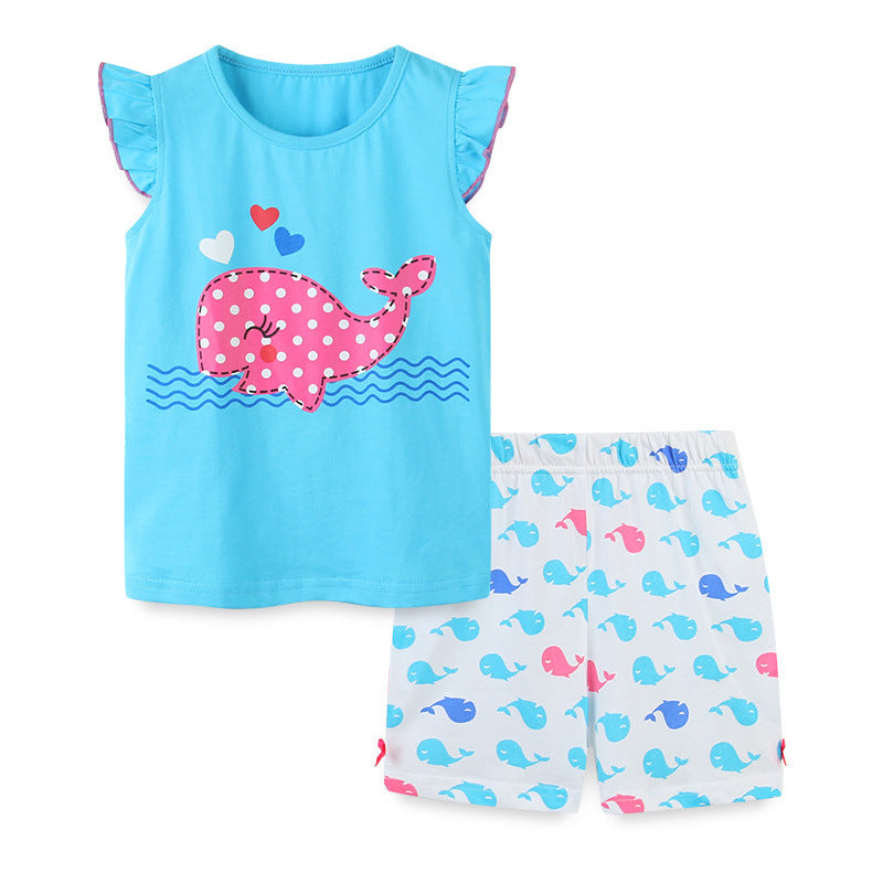 Children'S Short-Sleeved Suit Girls T-Shirt Suit Cartoon Round Neck Children'S Suit Knitted Cotton