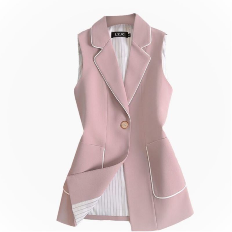 Little Girl In Pink Suit Waistcoat With White Striped Coat