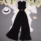 Costume femme col tailleur sans manches taille amincissante pantalon léger à jambes larges