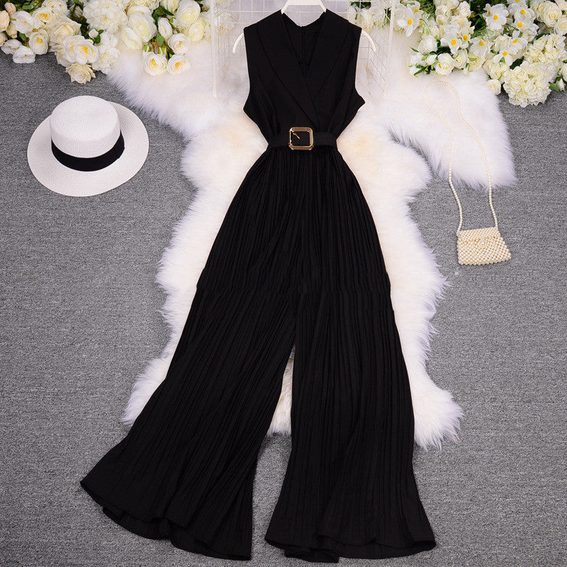 Costume femme col tailleur sans manches taille amincissante pantalon léger à jambes larges