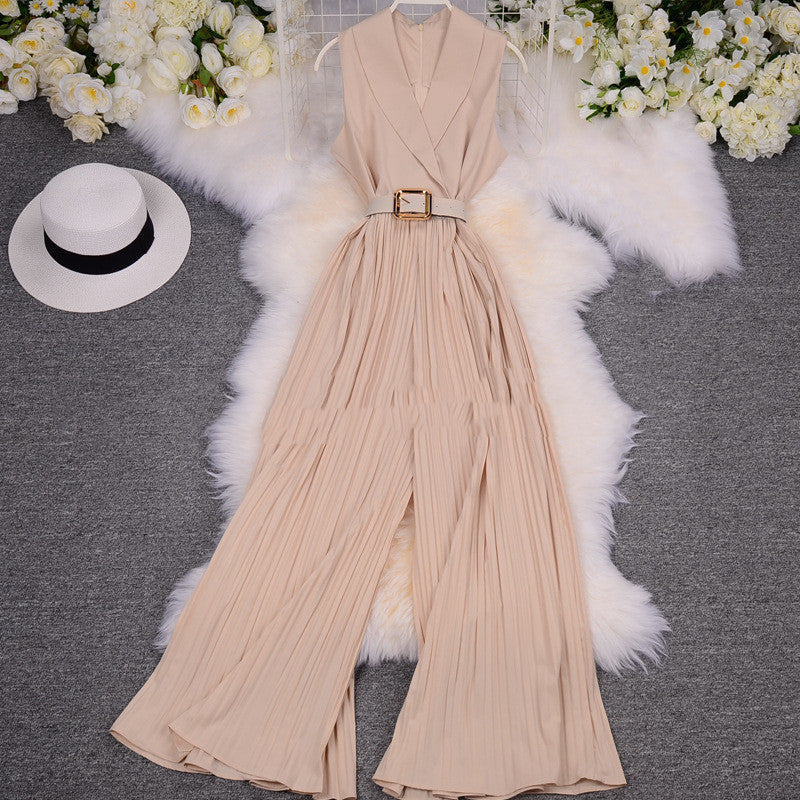 Costume femme col tailleur sans manches taille amincissante pantalon léger à jambes larges
