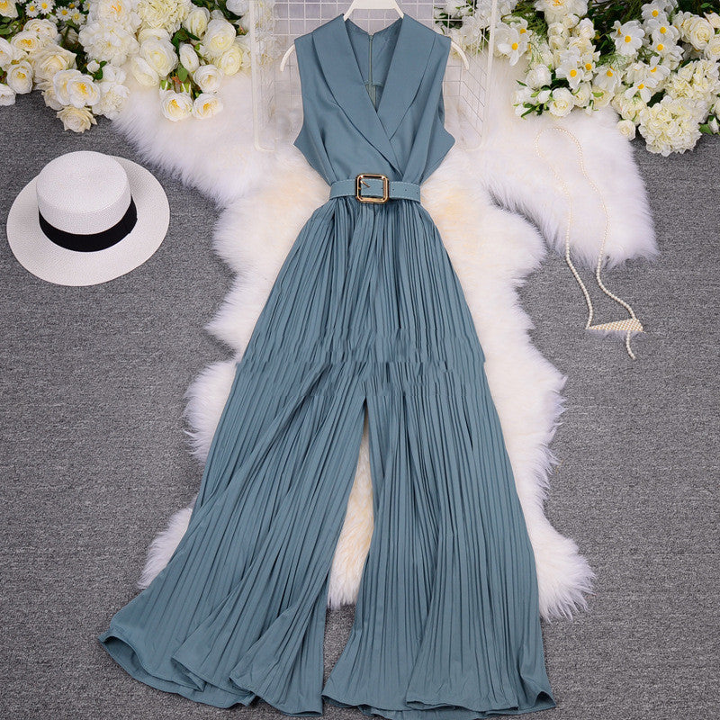 Costume femme col tailleur sans manches taille amincissante pantalon léger à jambes larges