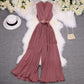 Costume femme col tailleur sans manches taille amincissante pantalon léger à jambes larges