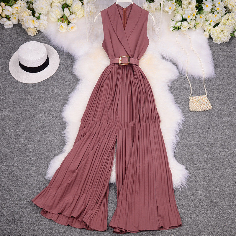 Costume femme col tailleur sans manches taille amincissante pantalon léger à jambes larges