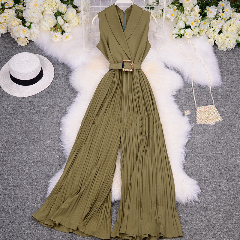 Costume femme col tailleur sans manches taille amincissante pantalon léger à jambes larges