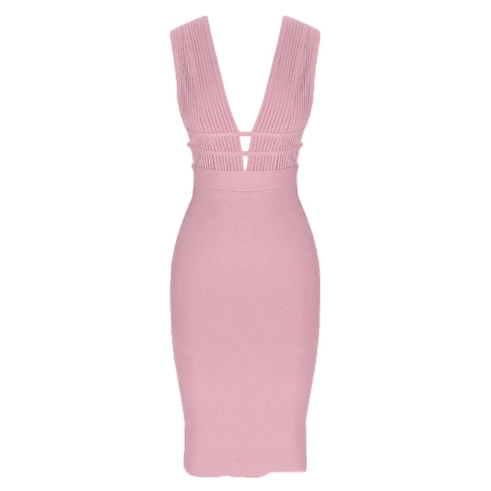 Robe de soirée bandage sans manches à décolleté plongeant en V pour femme ANICAMA