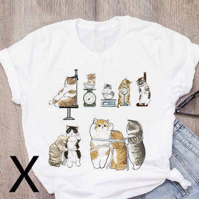 Personalized Cartoon Polite Cat Print Fashion Girlfriend Couple T-Shirt