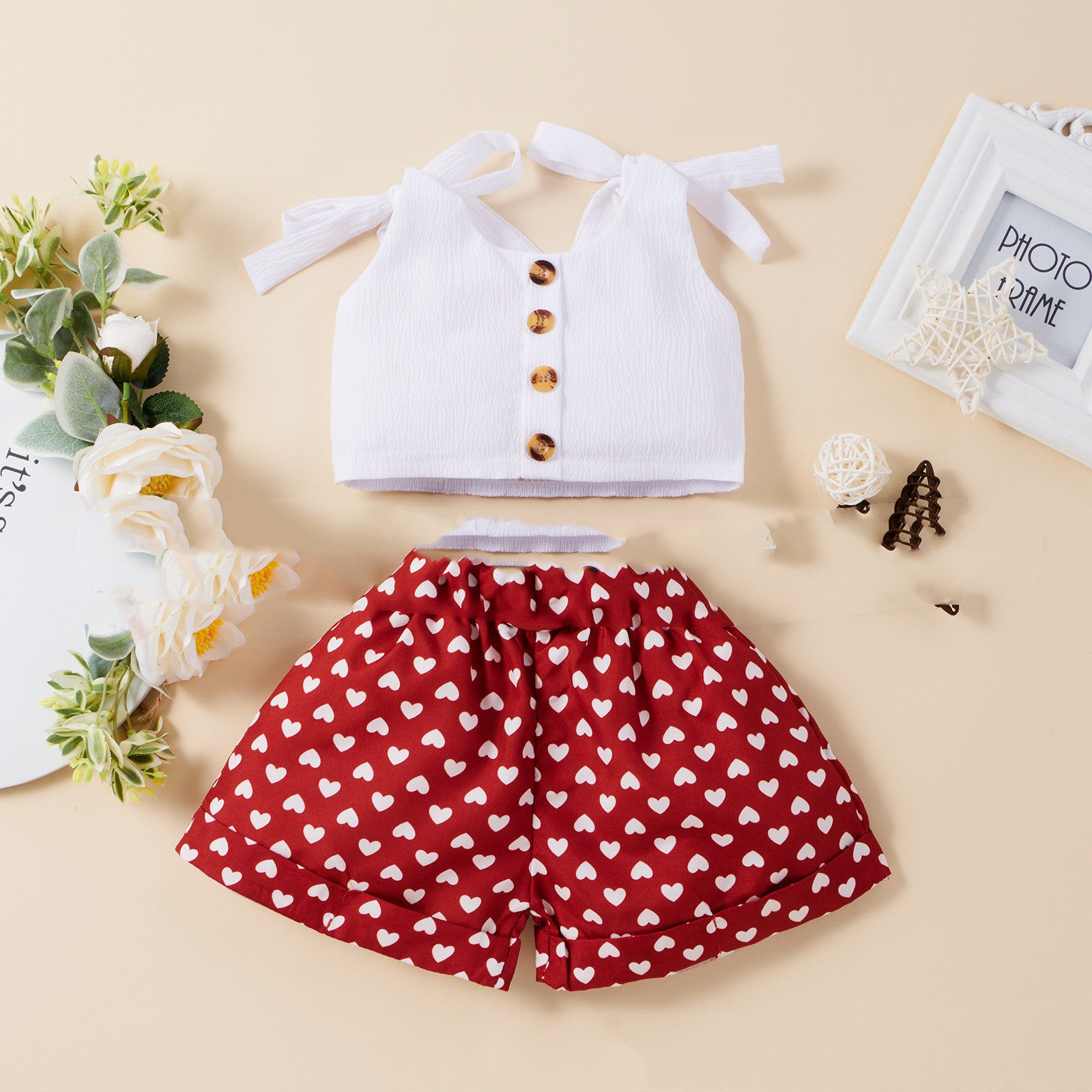 Amazon Style Solid Color Top Love Shorts Two-Piece Suit