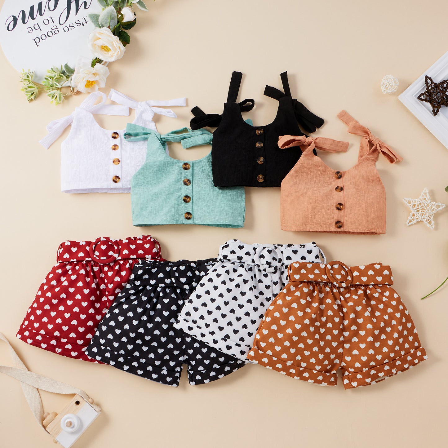 Amazon Style Solid Color Top Love Shorts Two-Piece Suit