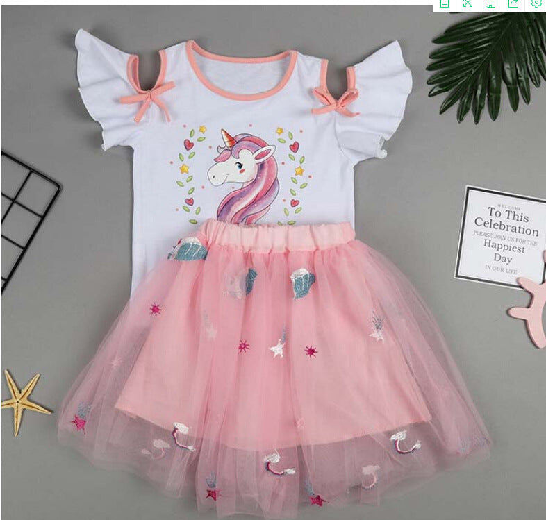 T-shirt à manches courtes et jupe bouffante à imprimé dessin animé pour fille